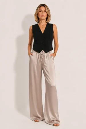 Pantalon large satiné taupe