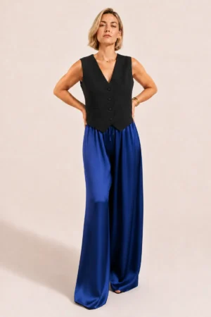 Pantalon large satiné bleu