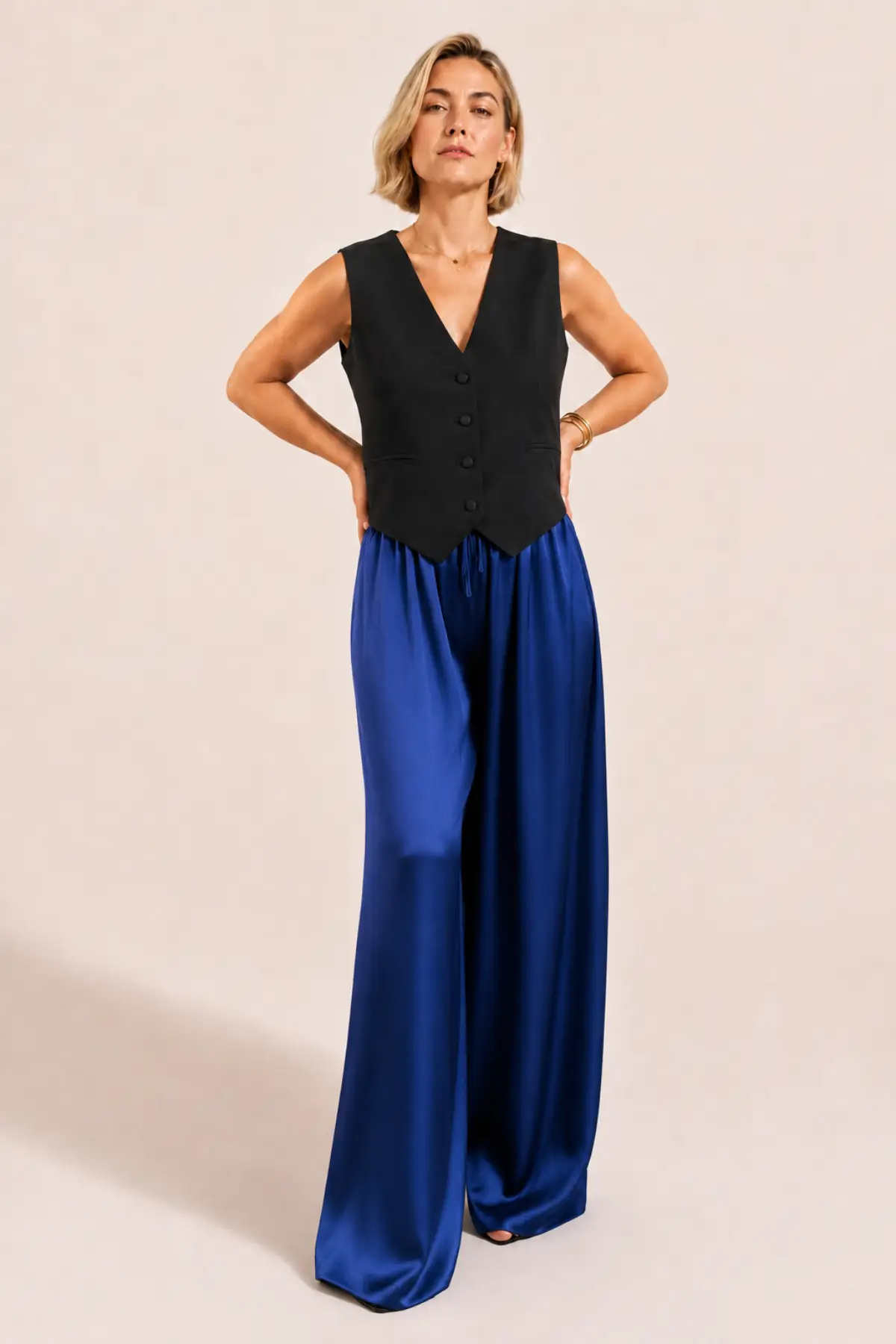 Pantalon large satiné bleu