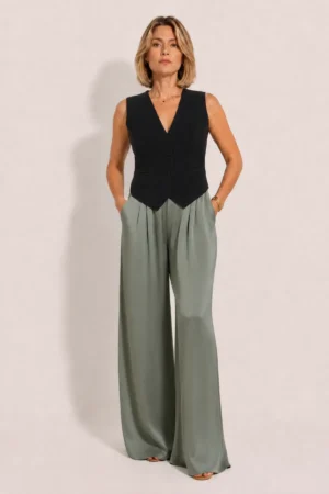 Pantalon large satiné kaki