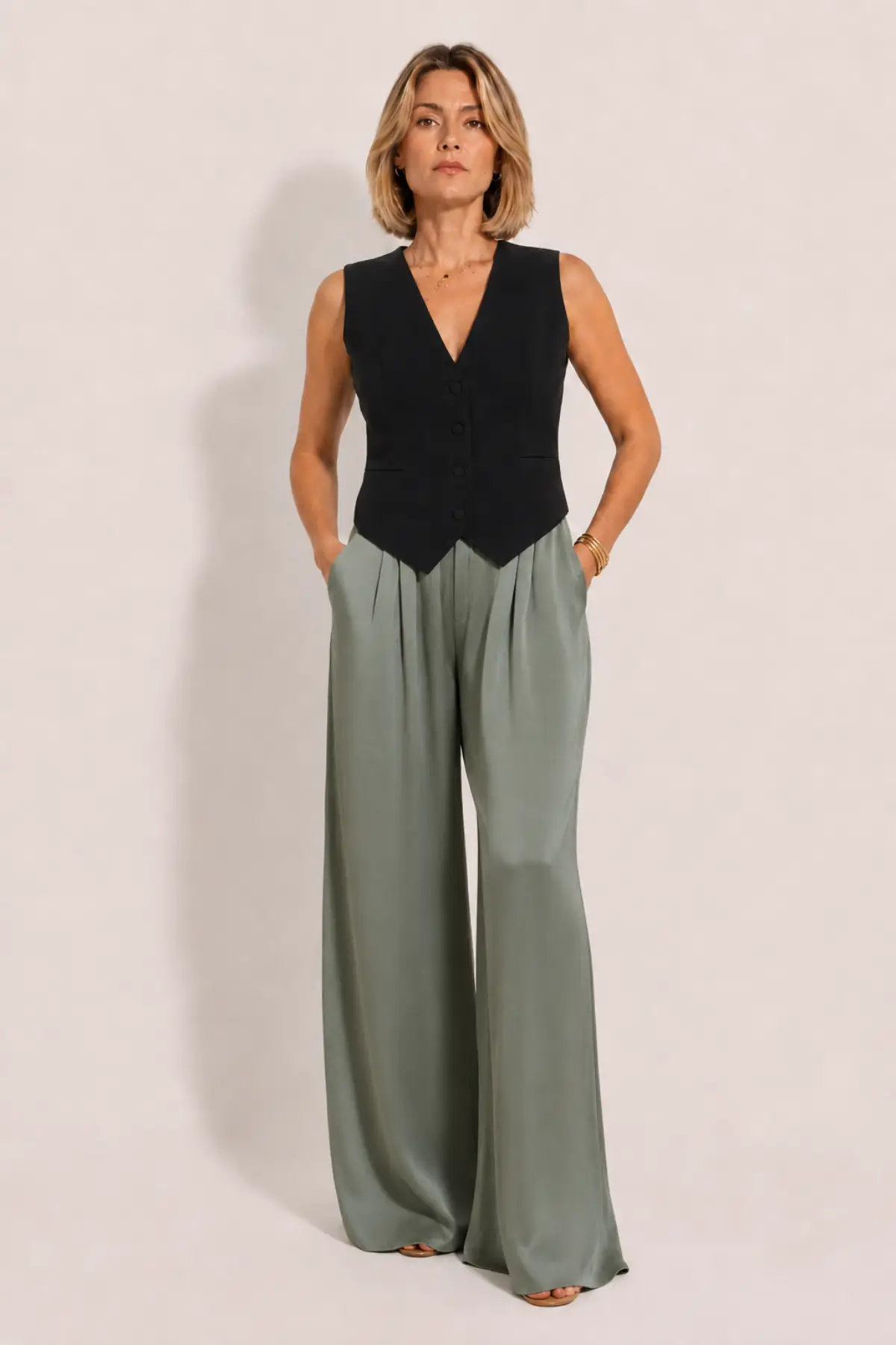 Pantalon large satiné kaki