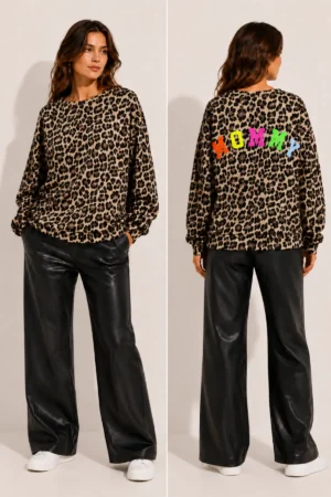 Pull femme imprimé léopard à manches longues