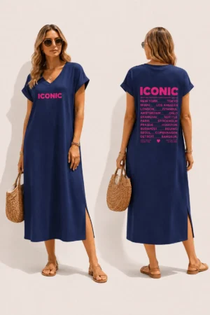 Robe longue bleue marine ICONIC avec fentes côtés