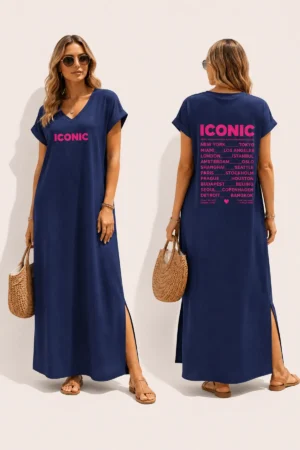 Robe longue bleue marine ICONIC avec fentes côtés