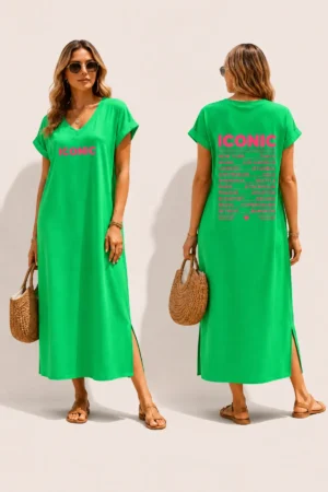 Robe longue verte ICONIC avec fentes côtés