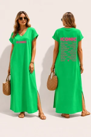Robe longue verte ICONIC avec fentes côtés