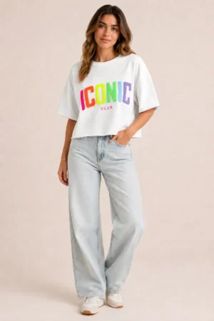 Sweatshirt ICONIC blanc brodé à manches courtes