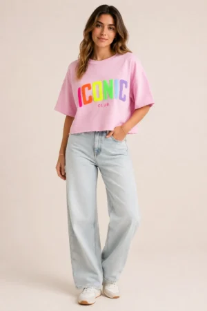 Sweatshirt ICONIC rose brodé à manches courtes