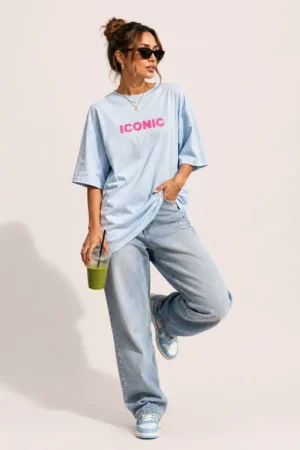 T-shirt bleu ciel imprimé Iconic devant et dos