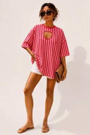 T-shirt rouge Oversize Rayé rose Cœur Découpé