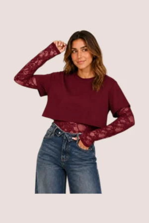Body dentelle bordeaux avec tee-shirt court