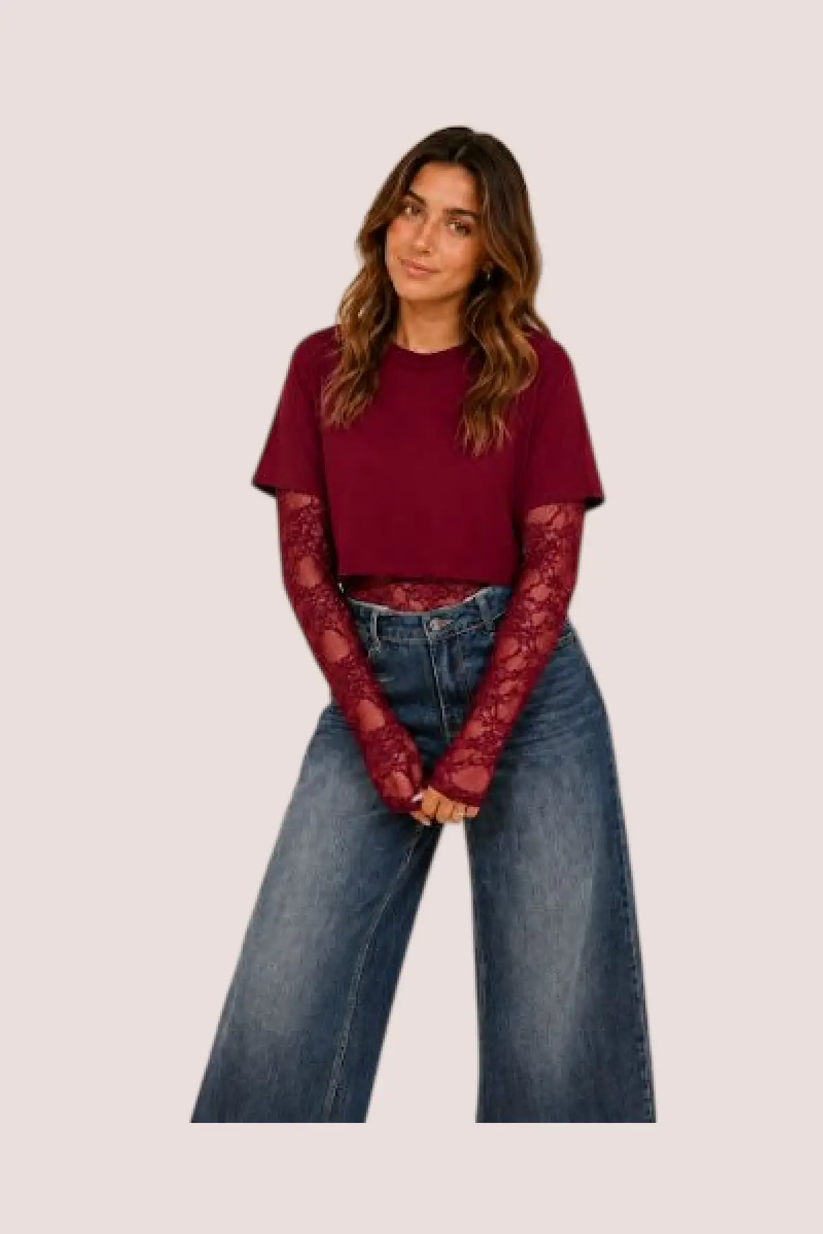 Body dentelle bordeaux avec tee-shirt court – Image 2