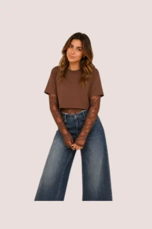 Body dentelle marron avec tee-shirt court