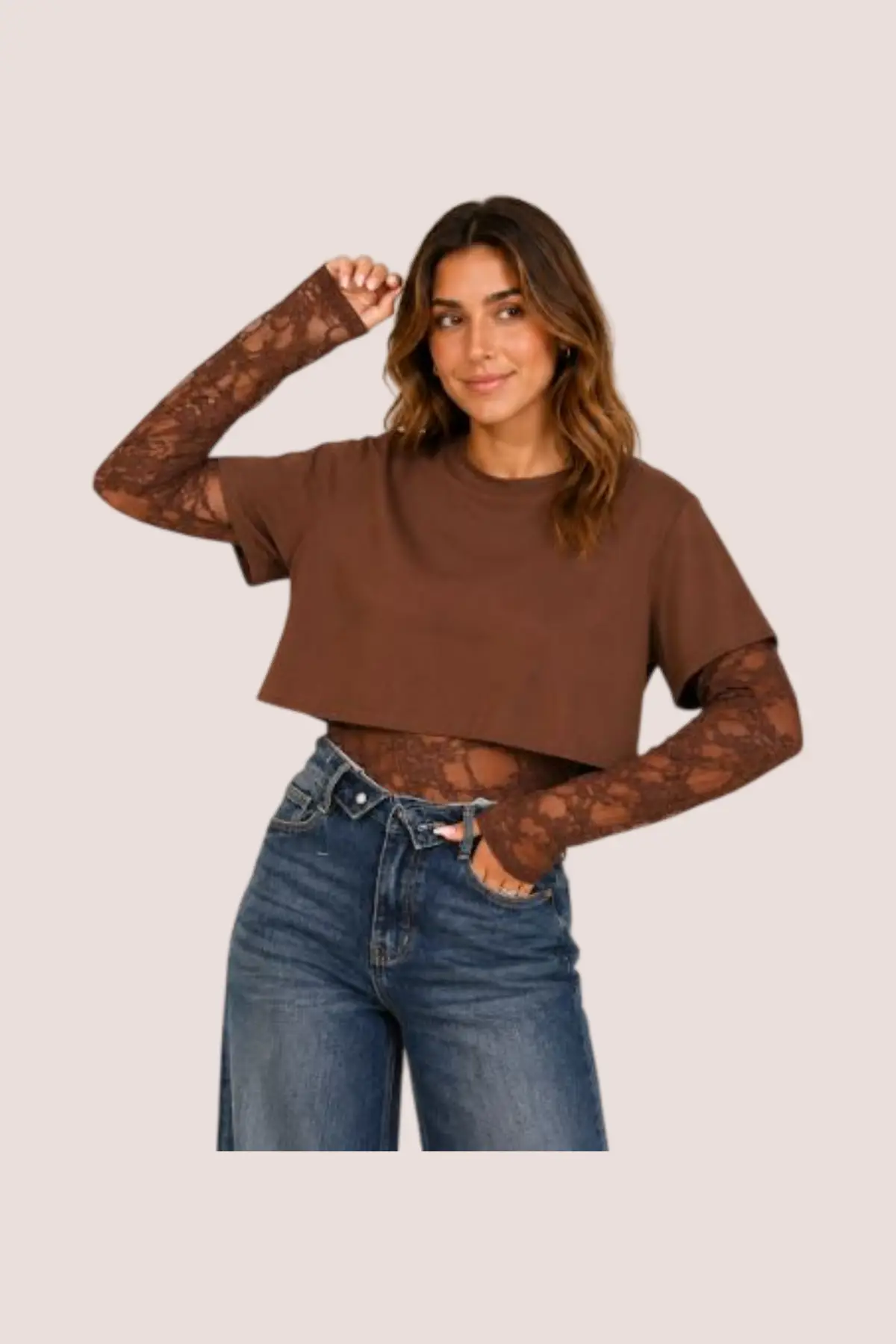 Body dentelle marron avec tee-shirt court – Image 2
