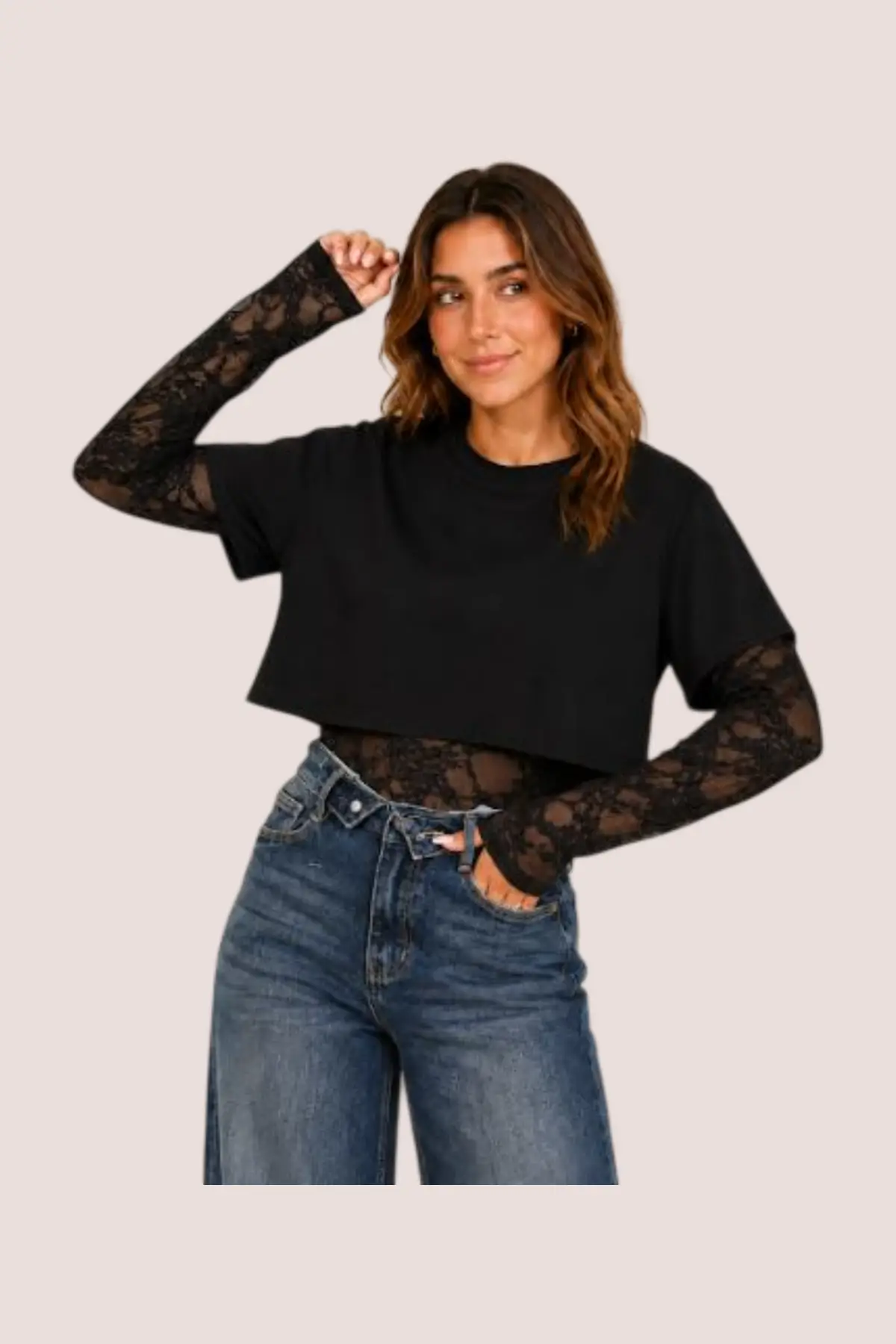 Body dentelle noir avec tee-shirt court – Image 2