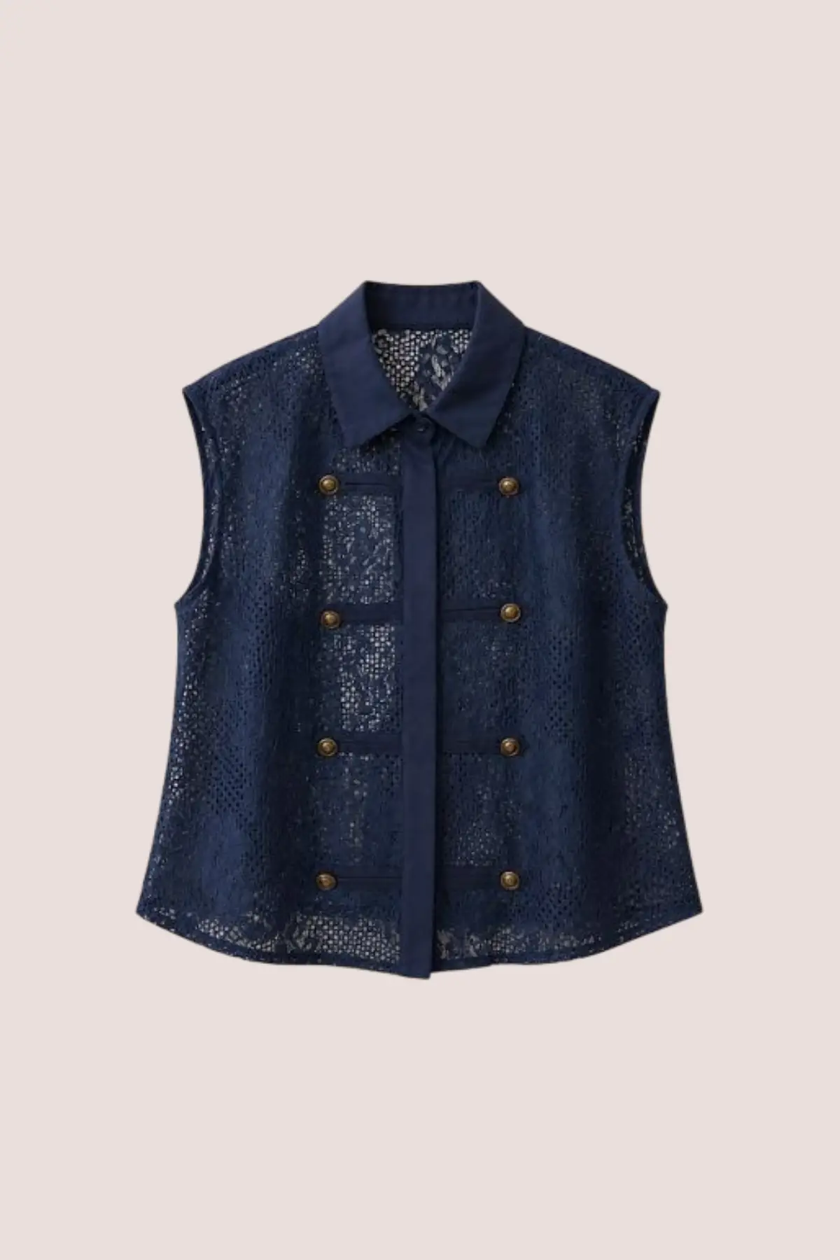 Chemisier bleu en dentelle sans manches style officier