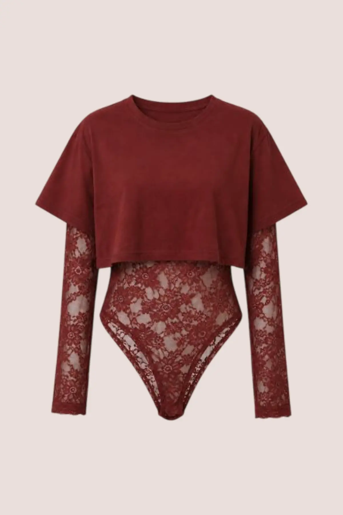Body dentelle bordeaux avec tee-shirt court – Image 4