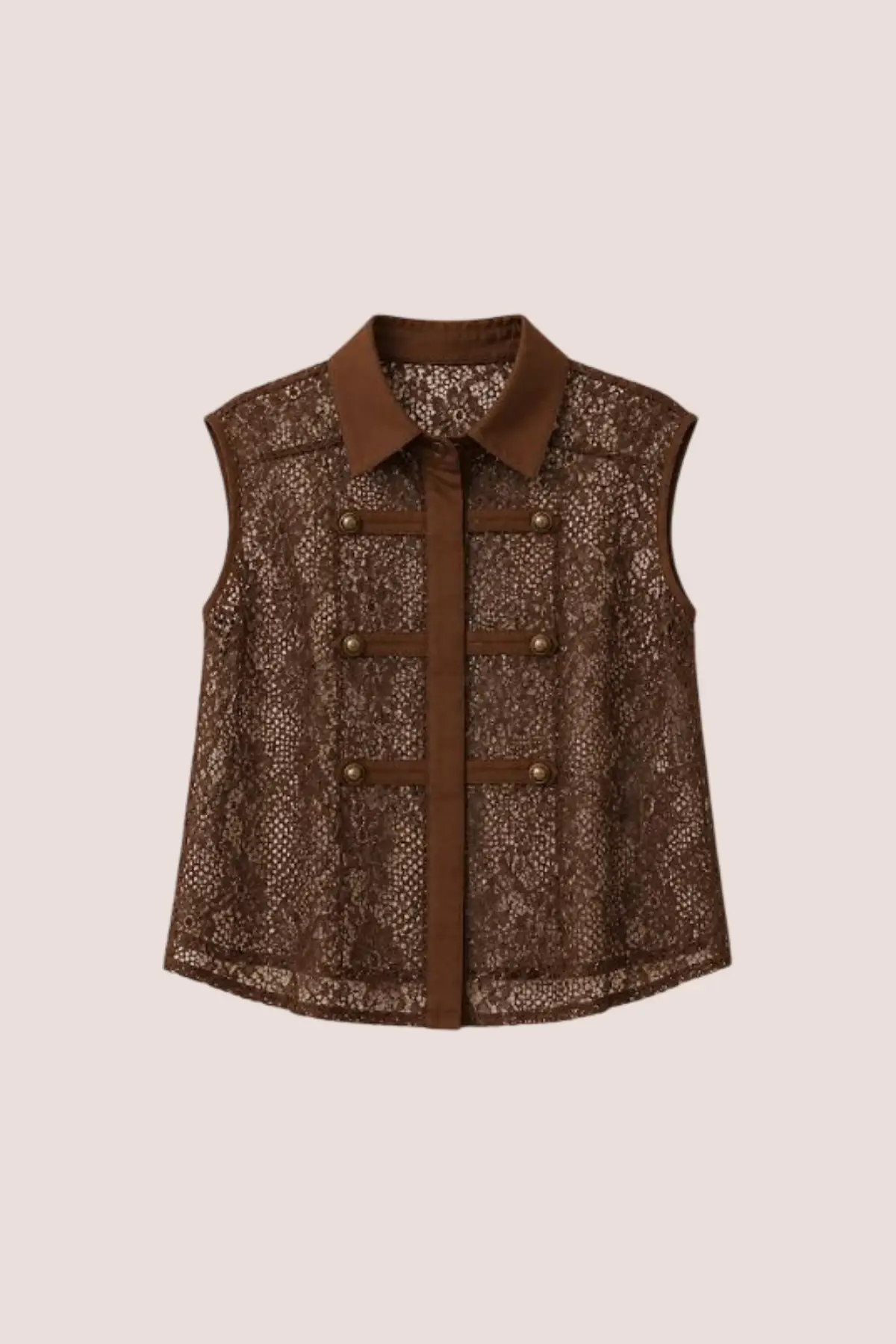 Chemisier marron en dentelle sans manches style officier