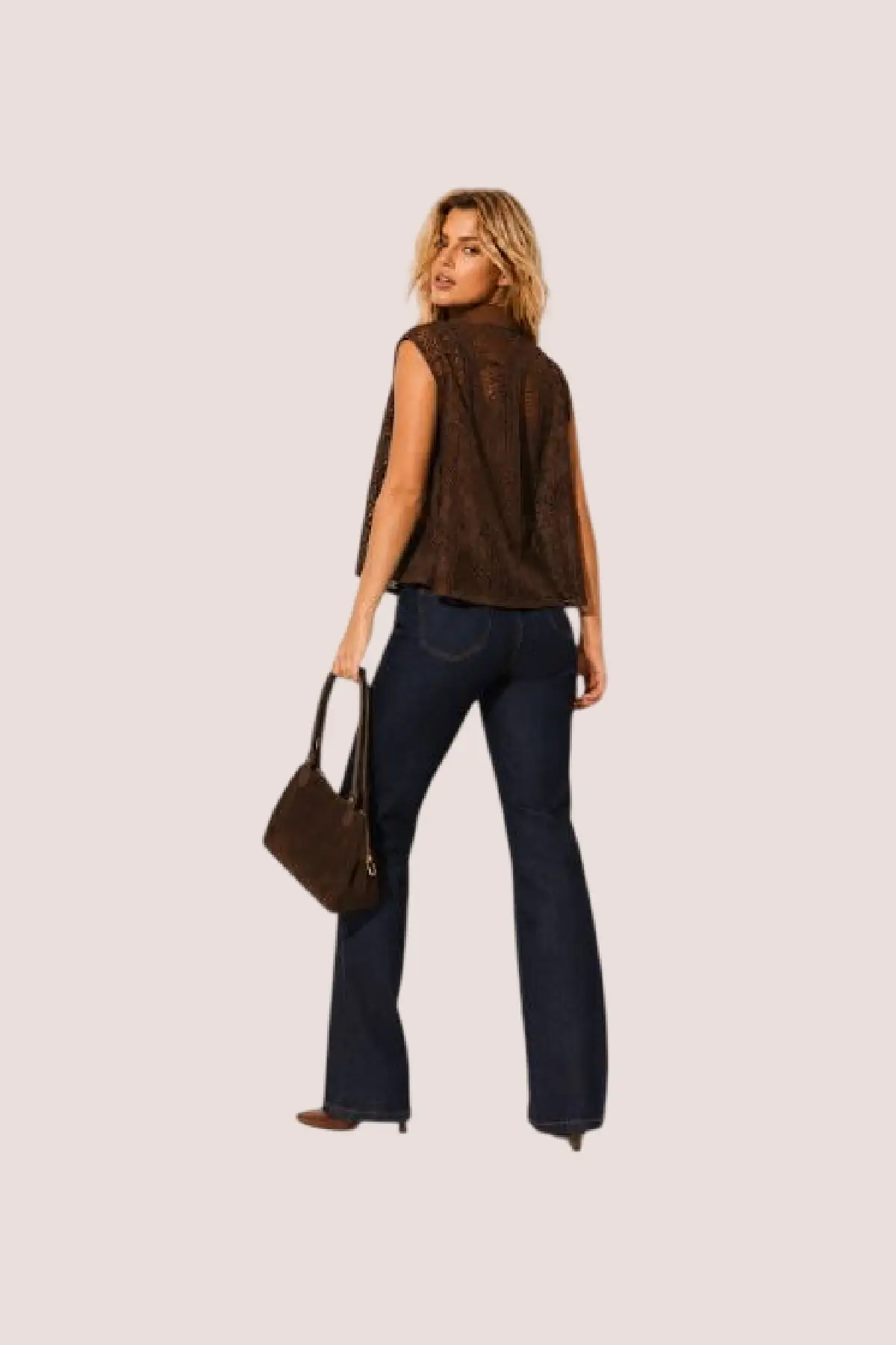 Chemisier marron en dentelle sans manches style officier – Image 2
