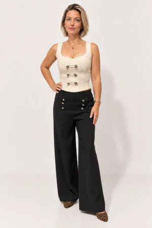 Pantalon large taille haute noir style officier