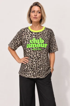 T-shirt léopard Club Amour à détails vert fluo