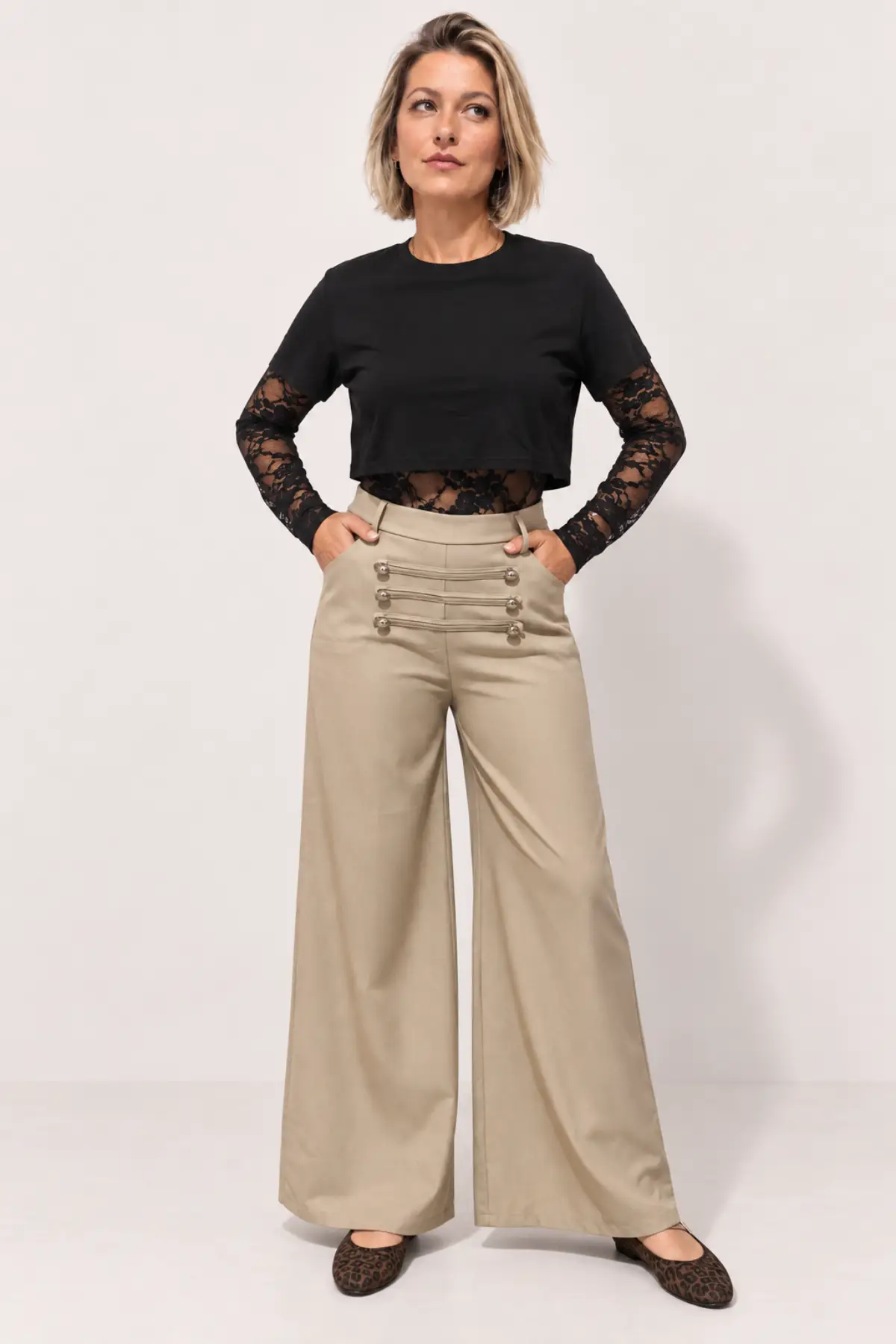 Pantalon large taille haute taupe style officier