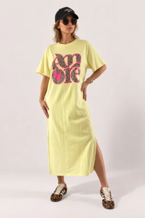 Robe longue jaune AMORE léopard à contour fluo
