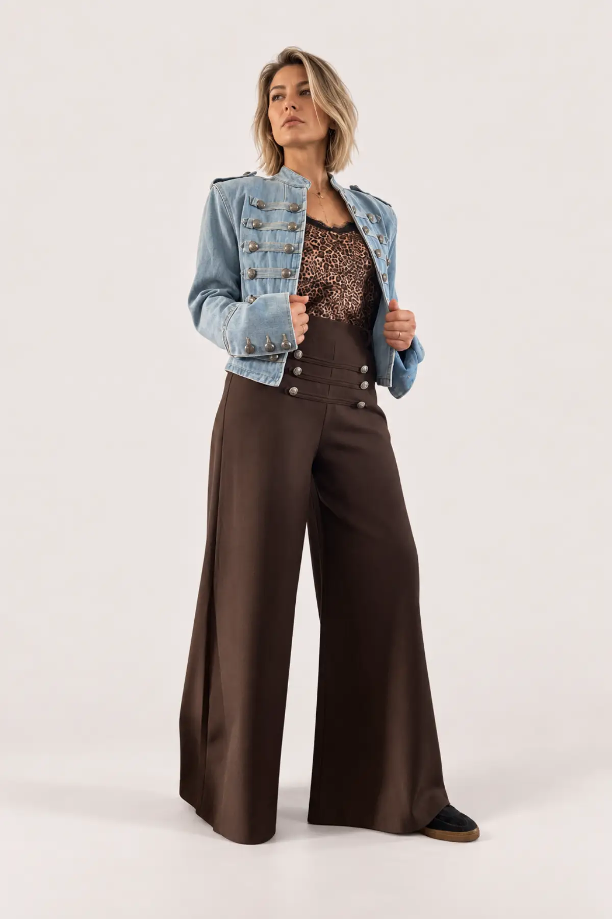 Pantalon large taille haute chocolat style officier – Image 2