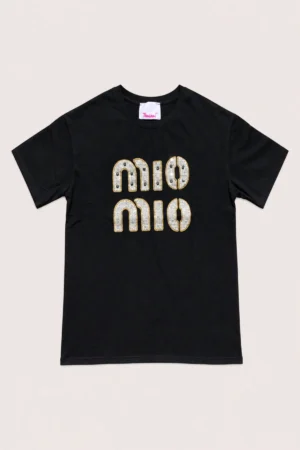 T-shirt noir MIO MIO à inscription strass ecru