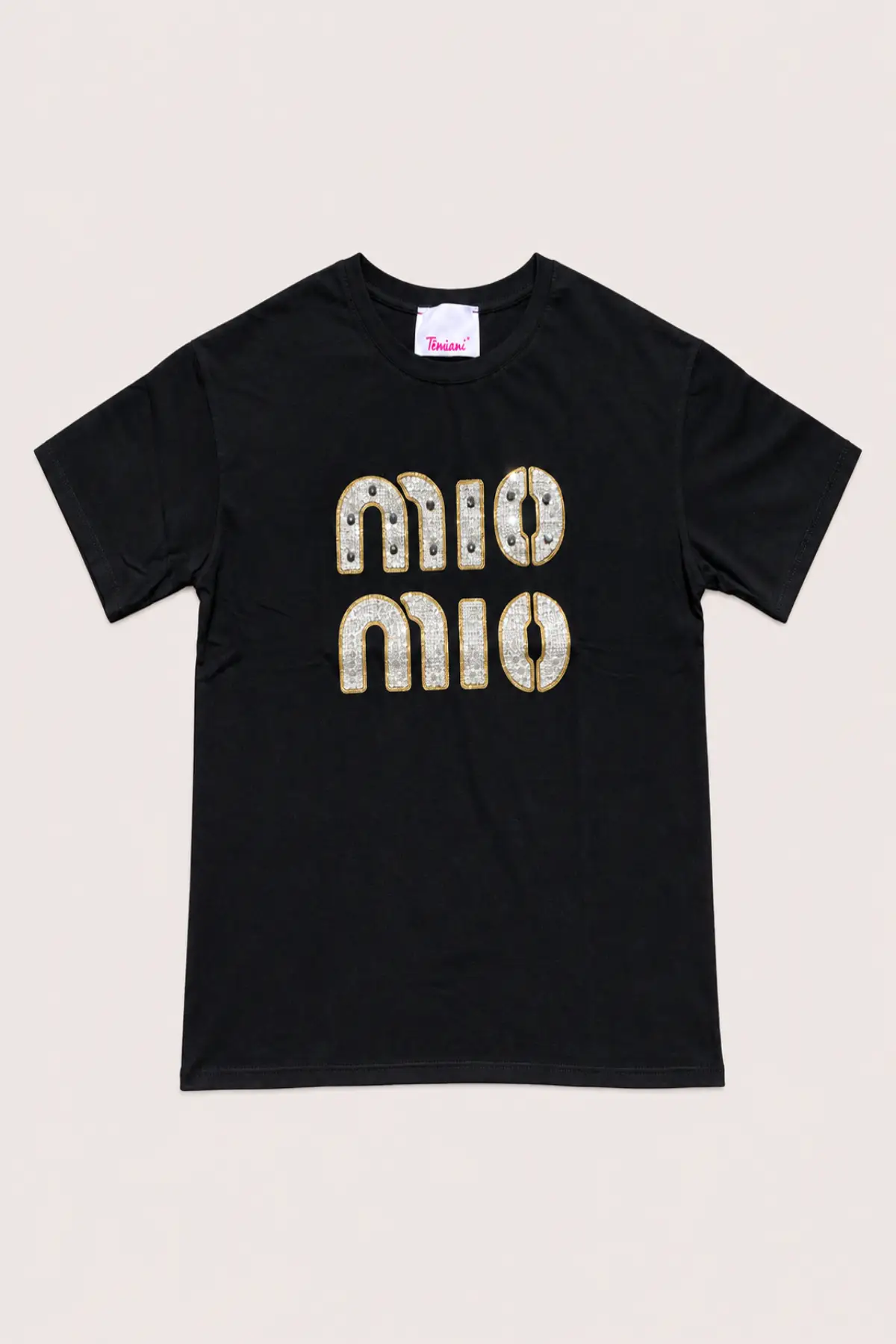 T-shirt noir MIO MIO à inscription strass ecru