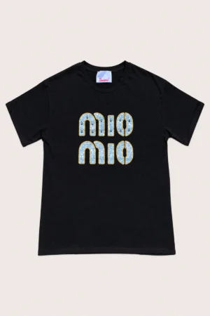 T-shirt noir MIO MIO à inscription strass bleu ciel