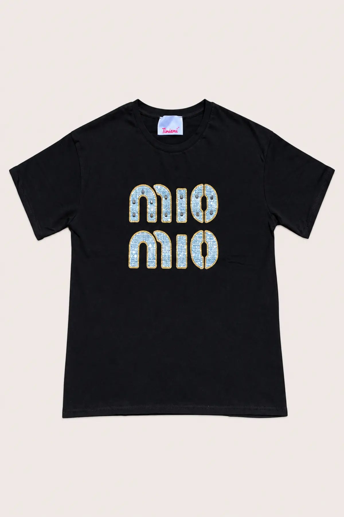 T-shirt noir MIO MIO à inscription strass bleu ciel