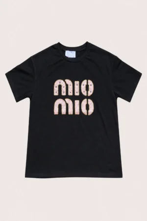 T-shirt noir MIO MIO à inscription strass rose