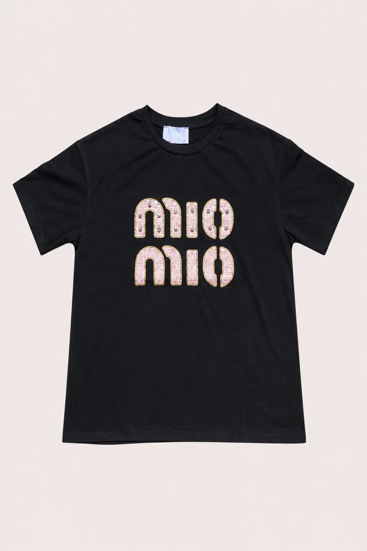 T-shirt noir MIO MIO à inscription strass rose
