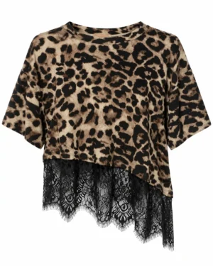 Top léopard asymétrique à dentelle noire