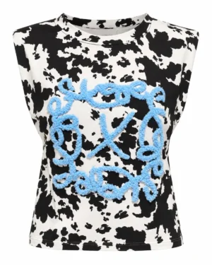 Top sans manches imprimé noir & blanc à motif bleu