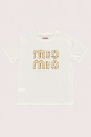 T-shirt blanc MIO MIO à inscription strass ecru