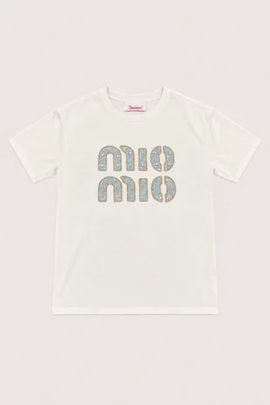 T-shirt blanc MIO MIO à inscription strass bleu