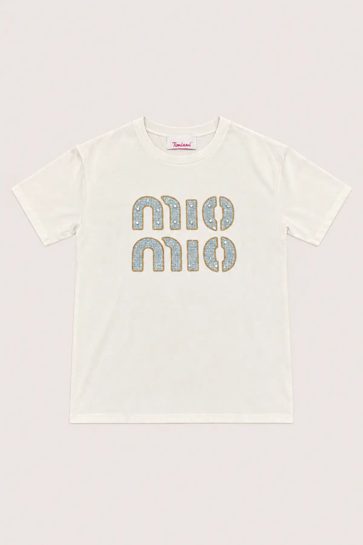 T-shirt blanc MIO MIO à inscription strass bleu