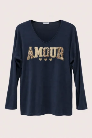 Top en fine maille bleu marine AMOUR à détails léopard
