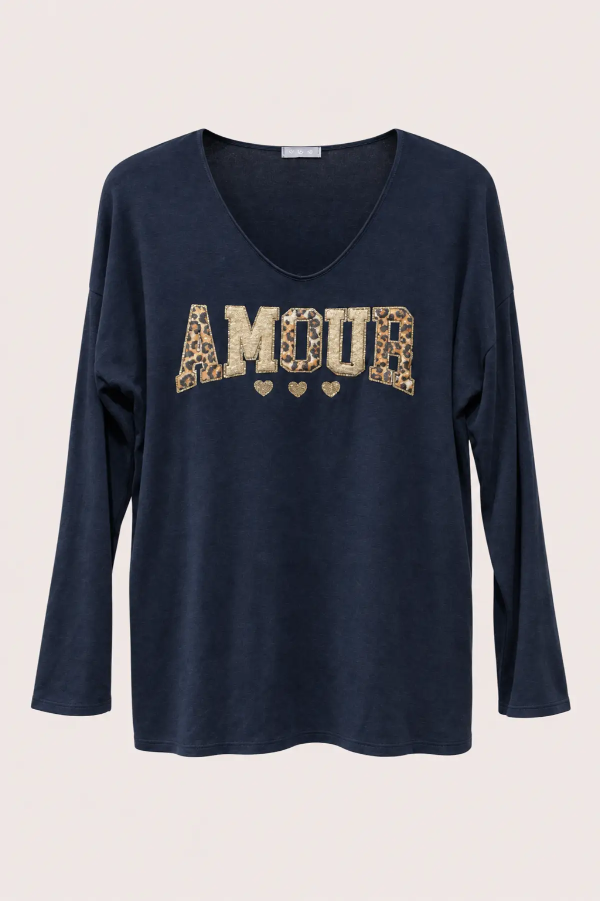 Top en fine maille bleu marine AMOUR à détails léopard