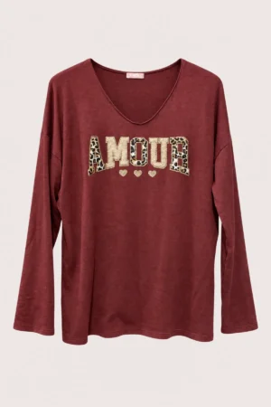 Top en fine maille bordeaux AMOUR à détails léopard