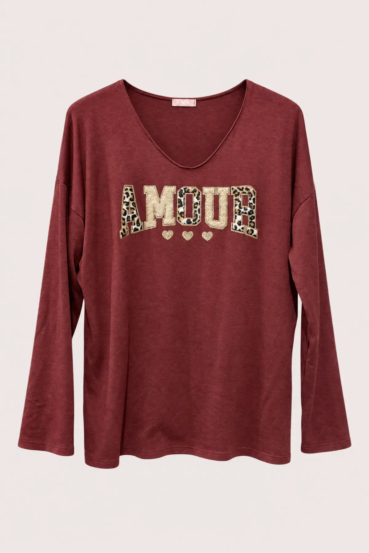 Top en fine maille bordeaux AMOUR à détails léopard