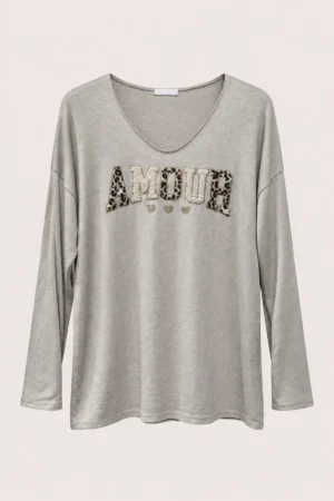 Top en fine maille beige AMOUR à détails léopard