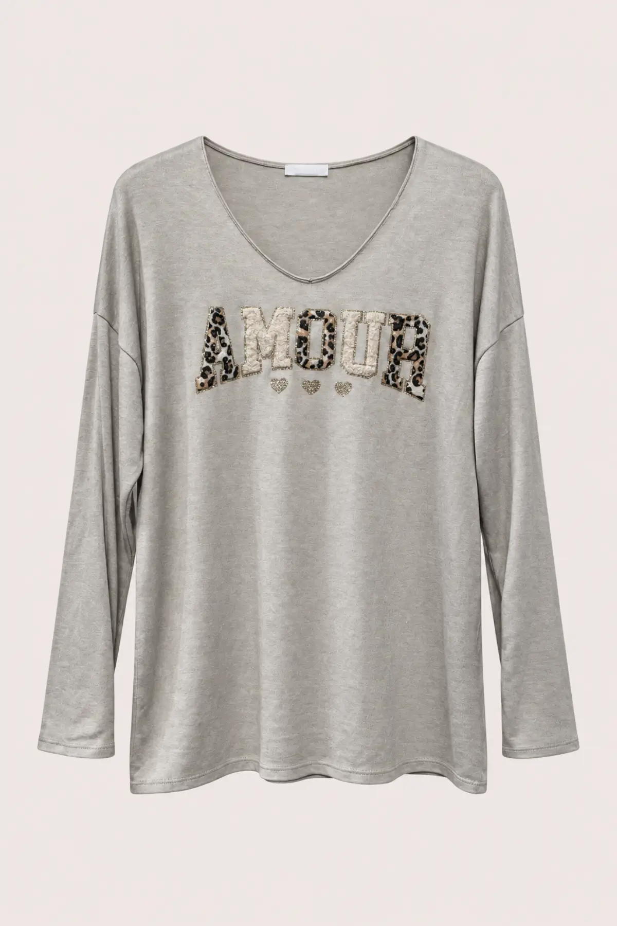 Top en fine maille beige AMOUR à détails léopard
