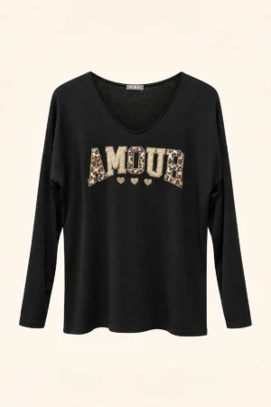 Top en fine maille noir AMOUR à détails léopard