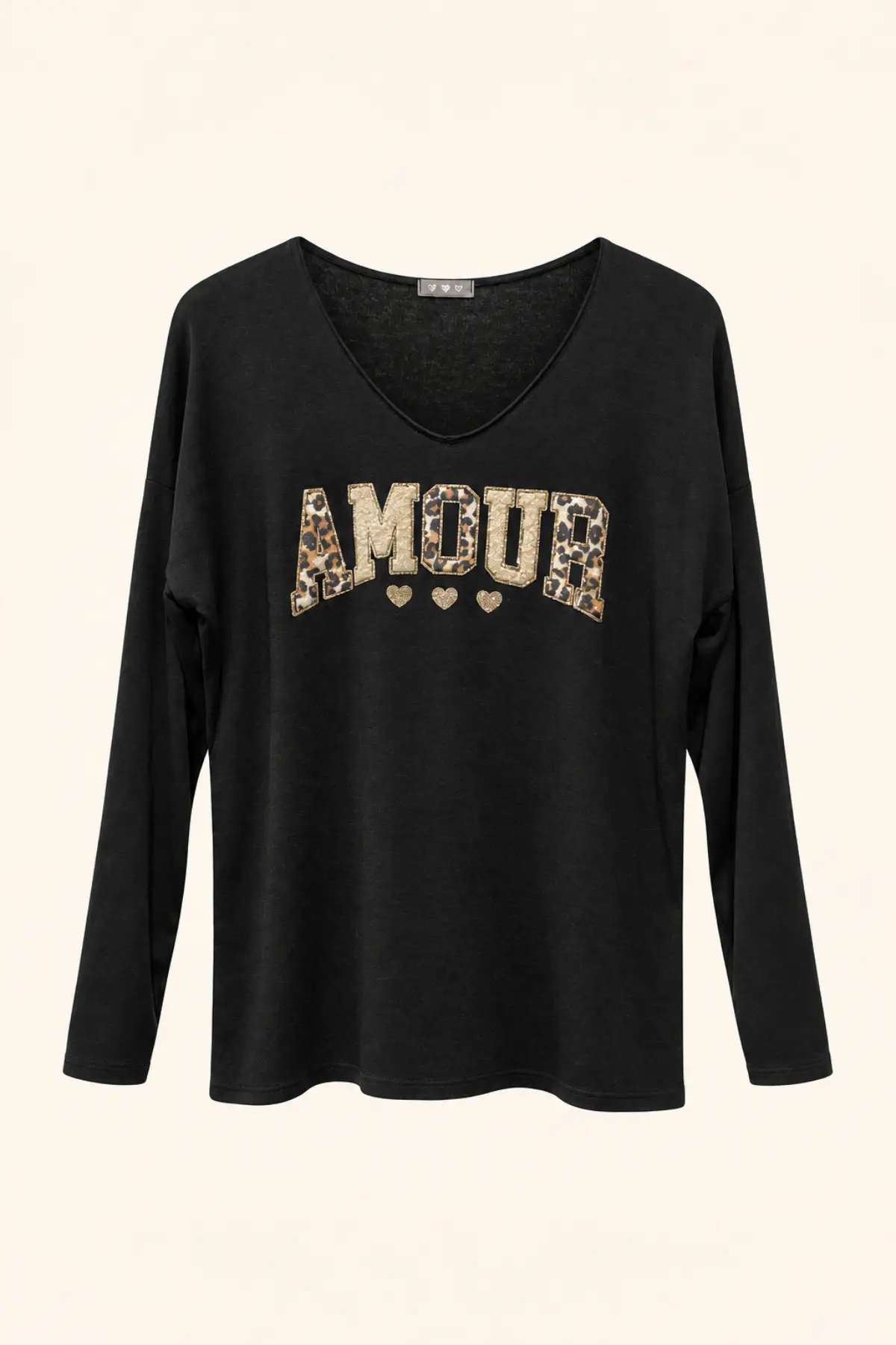 Top en fine maille noir AMOUR à détails léopard