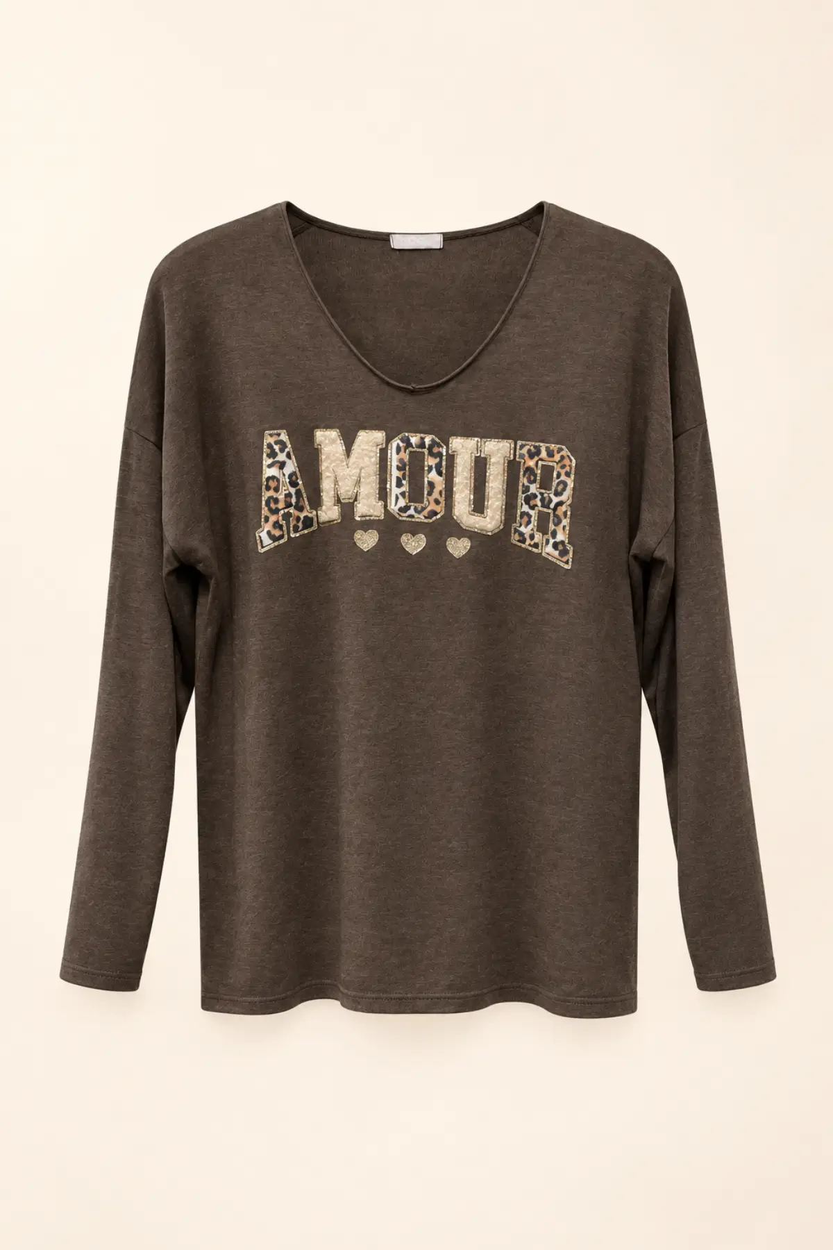 Top en fine maille marron AMOUR à détails léopard