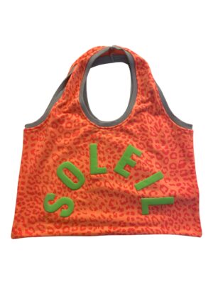 Sac cabas léopard orange “SOLEIL” à lettres vertes en relief