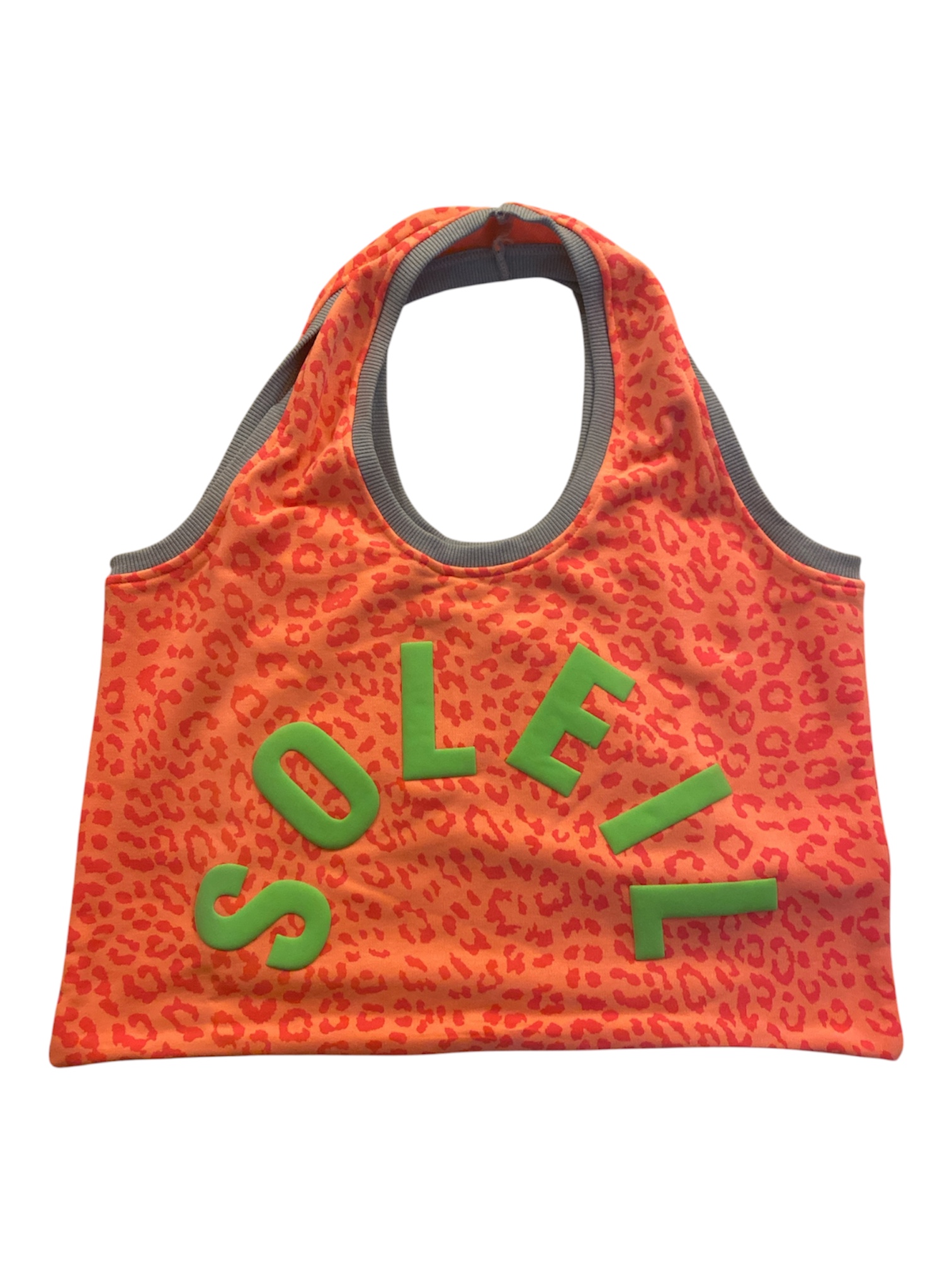 Sac cabas léopard orange “SOLEIL” à lettres vertes en relief